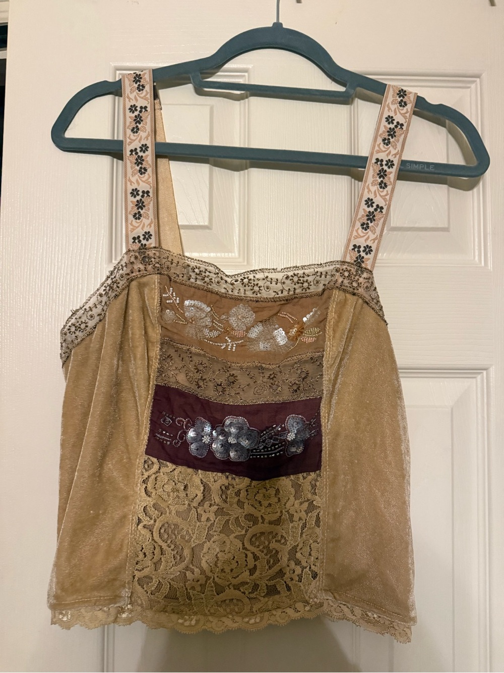 Free People Beige Embroidered Lace Tank with Burgundy Applique
